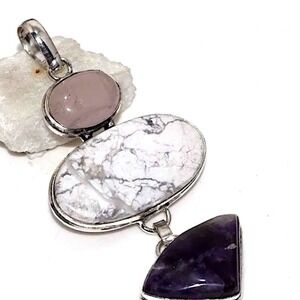 Sterling Silver Howlite Rose Quartz Necklace Charm Pendant Boho Gift